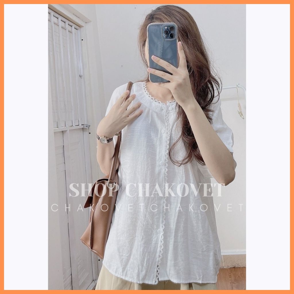 Áo sơ mi nữ viền ren cổ tròn cka822, kiểu áo nữ cộc tay hai màu be và trắng cực cute