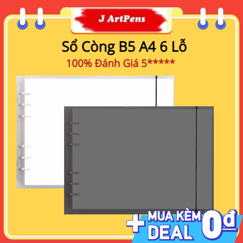 Sổ Còng, Bìa Còng Binder Ngang B5 A4 6 Lỗ Bìa Nhựa Cứng Chống Nước Kèm 60 Tờ Giấy (120 Trang) Gird Line Màu Đen, Trắng