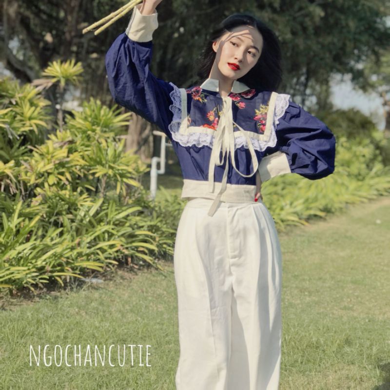 Áo croptop KANAYO tay dài xanh đậm cổ điển thanh lịch vintage Ngochancutie