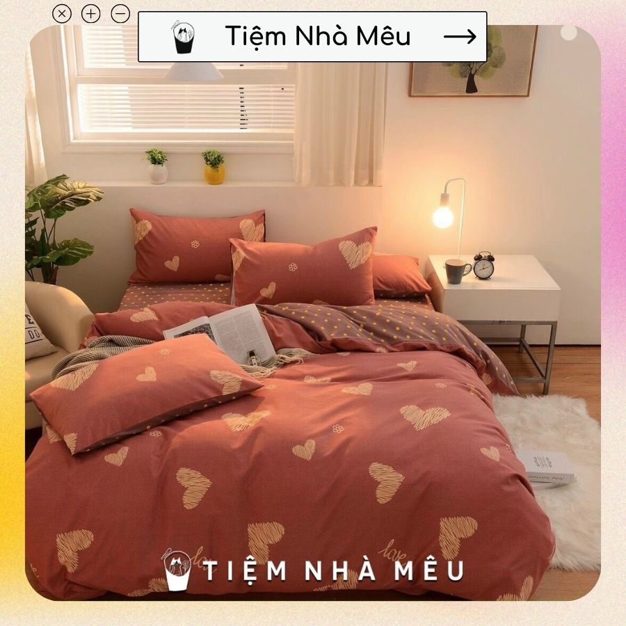 Bộ Vỏ Chăn Ga Gối Cotton 3D✨m6/m8/2m -Tiệm Nhà Mêu✨Set 4 Món Trái Tim Phong Cách Hàn Quốc Siêu Xinh