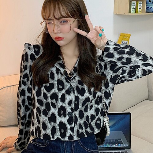 Áo sơ mi croptop họa tiết da báo phong cách retro (ảnh thật)