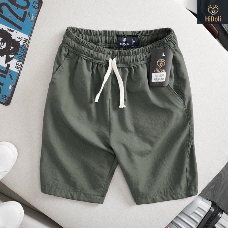 Quần đùi nam vải đũi co giãn thoáng mát, quần short đũi cạp chun dây rút