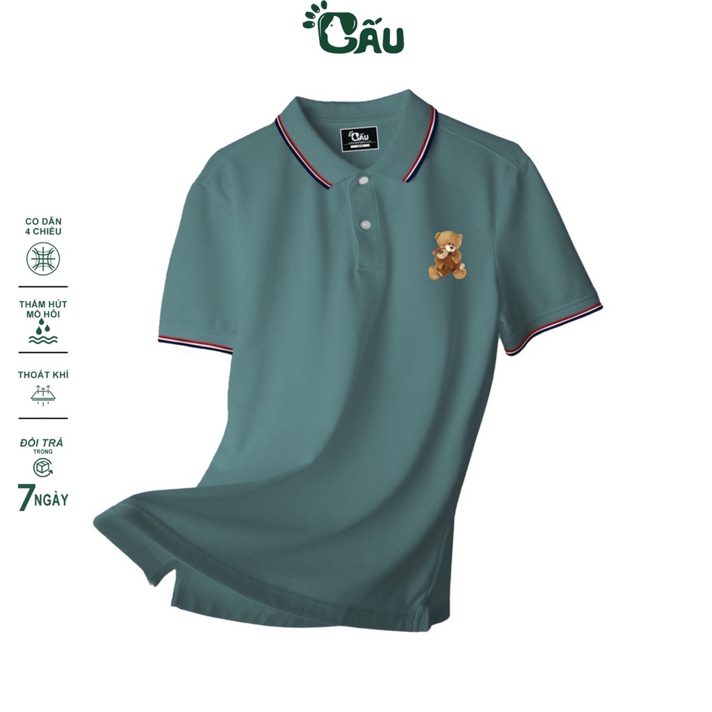 Áo thun Polo GẤU 194 viền vải cá sấu Poly co dãn 4 chiều dày dặn form gerular fit -  Polo In 3 Sọc Gấu Teddy