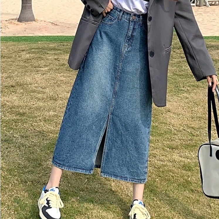 Chân váy SUXI jean dáng chữ A lưng cao màu sắc đơn giản trẻ trung