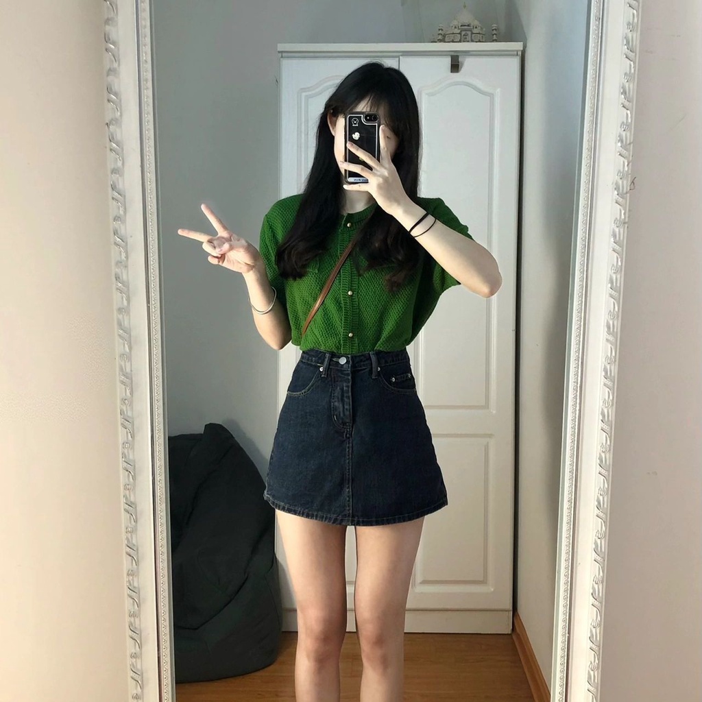 Bộ Áo Dệt Kim Ngắn Tay + Chân váy jean Lưng Cao Thời Trang Dành Cho Nữ 2530