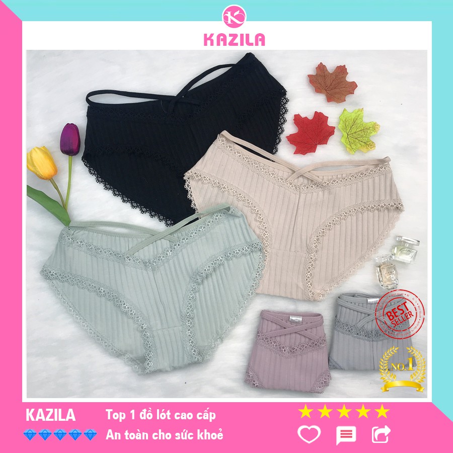 Quần lót nữ cotton cao cấp freesize kẻ sọc phối ren sexy, quần chíp dây co giãn mềm mịn thoáng khí Kazila QLH51