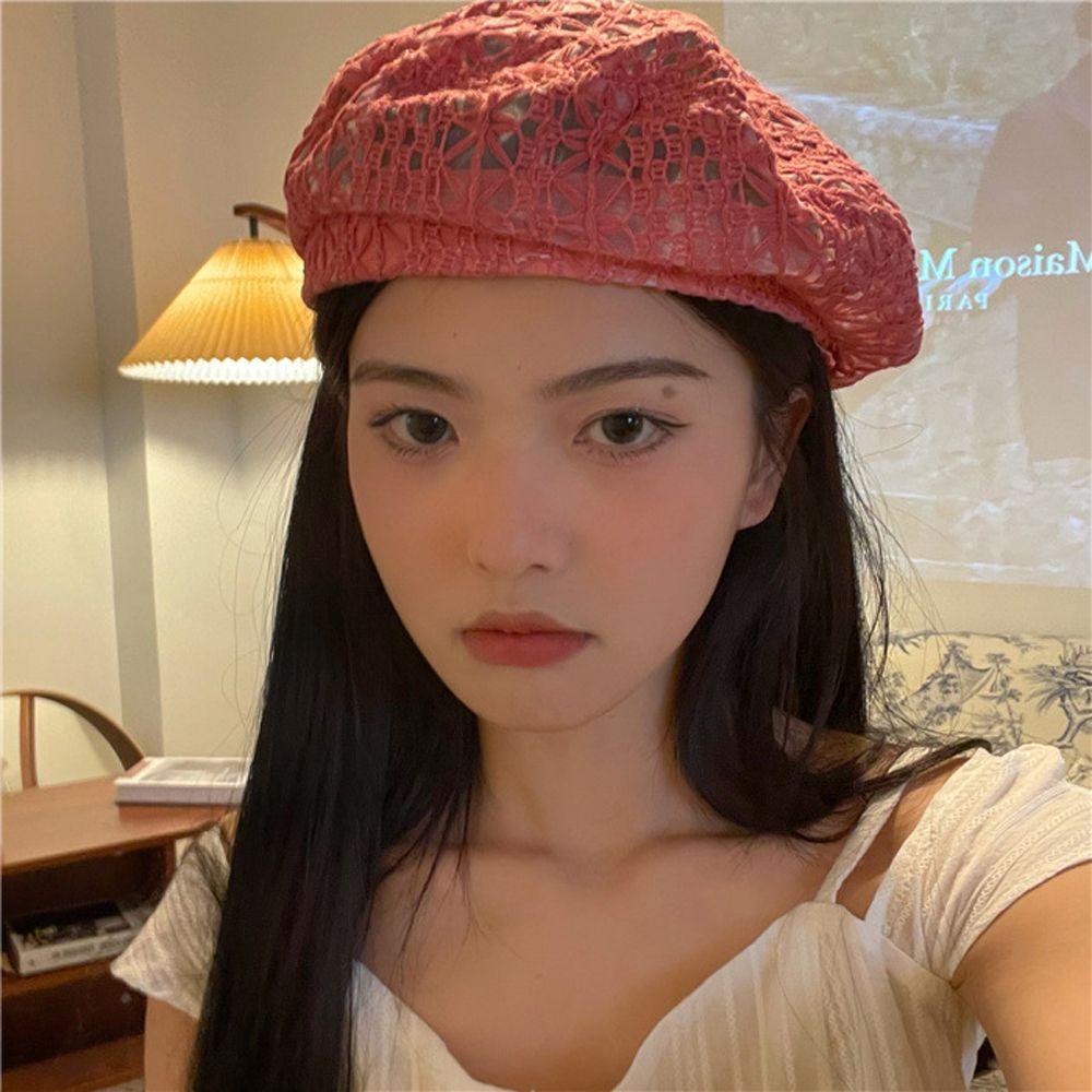 QQMALL Mũ Beret Mỏng Phối Ren Màu Trơn Thời Trang Mùa Hè Cho Nữ