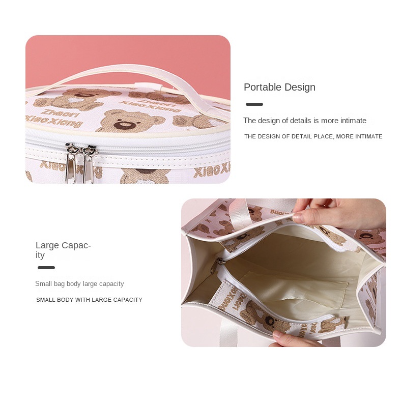 Túi Đựng Đồ Trang Điểm Cầm Tay Chống Nước Sức Chứa Lớn Có Khóa Kéo in Hình Gấu Dễ Thương