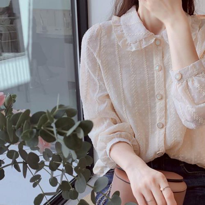 Áo Sơ Mi chiffon Tay Dài Cổ Búp Bê Phong Cách Hàn Quốc