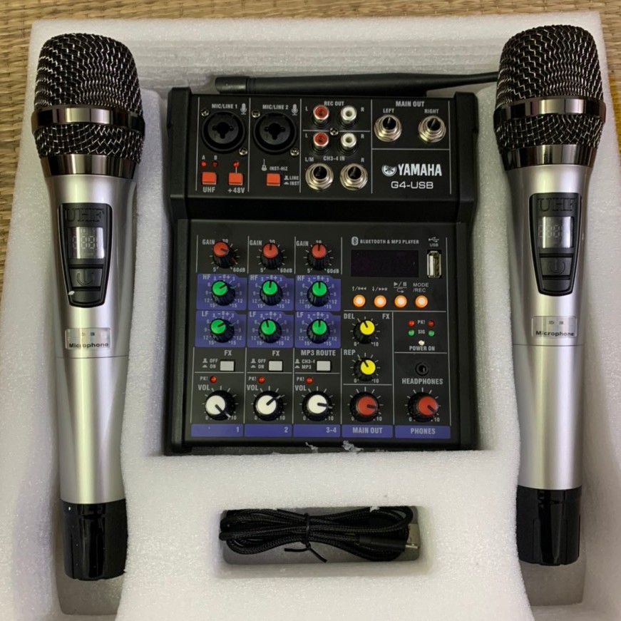 Bộ Mixer Yamaha G4 USB - Mixer Chuyên Karaoke, Livestream, Thu Âm Cao Cấp - Tặng Kèm 2 Micro Không Dây