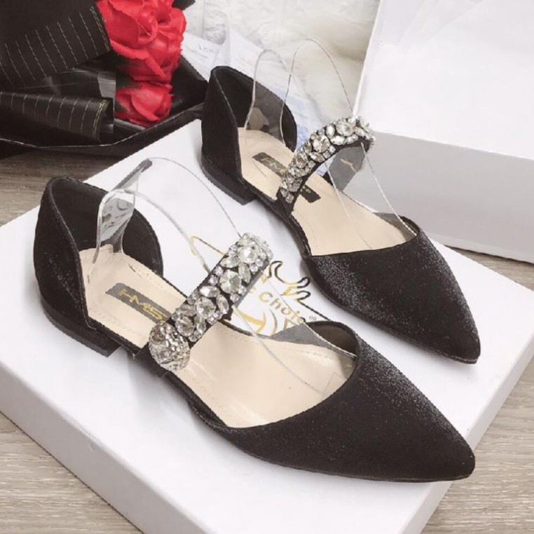 freeship Giày búp bê nữ quai kết đá chất đẹp siêu êm mới 2021, Giày bệt nữ mũi nhọn khoét eo chất lụa satin