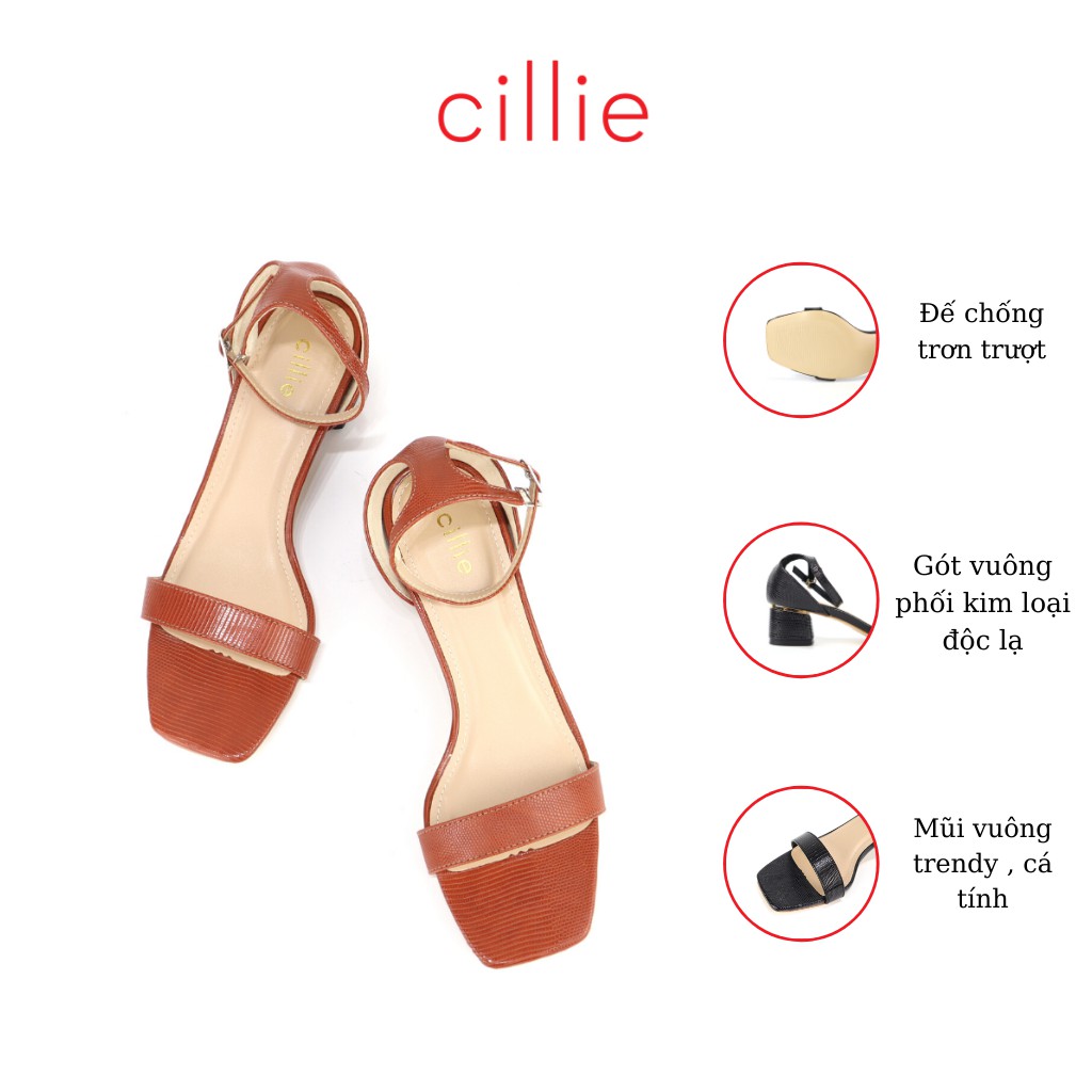 Giày sandal nữ quai ngang gót trụ 5cm phối kim loại sang trọng Cillie 1235