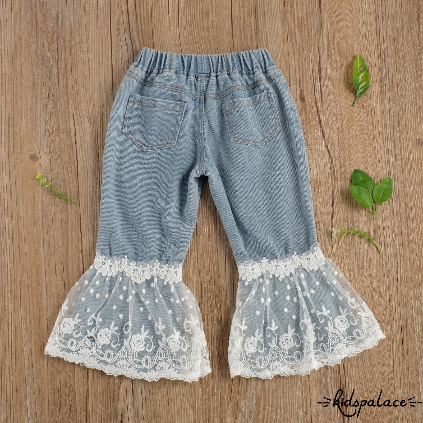 BbQ-Kids Girl Pants, Wide-Leg Trousers, Side Pockets Fall High Waist Ruffle Lace Floral Bell Bottoms