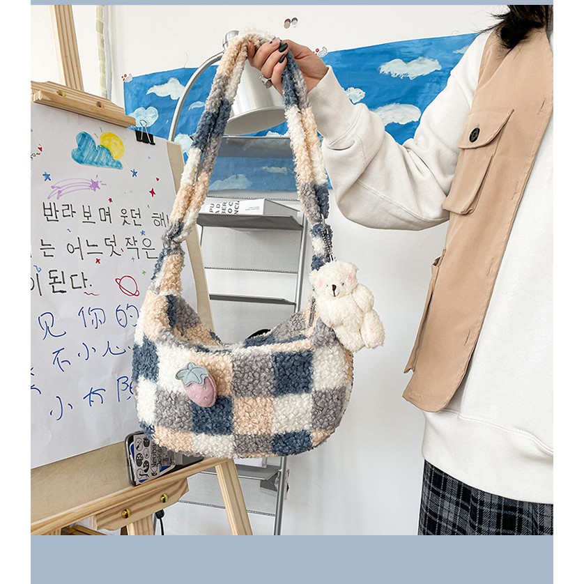 Túi Tote Đeo Chéo Caro Ulzzang Nữ Đi Học Vải Dệt Lông Cừu Phong Cách Hàn Quốc, T002