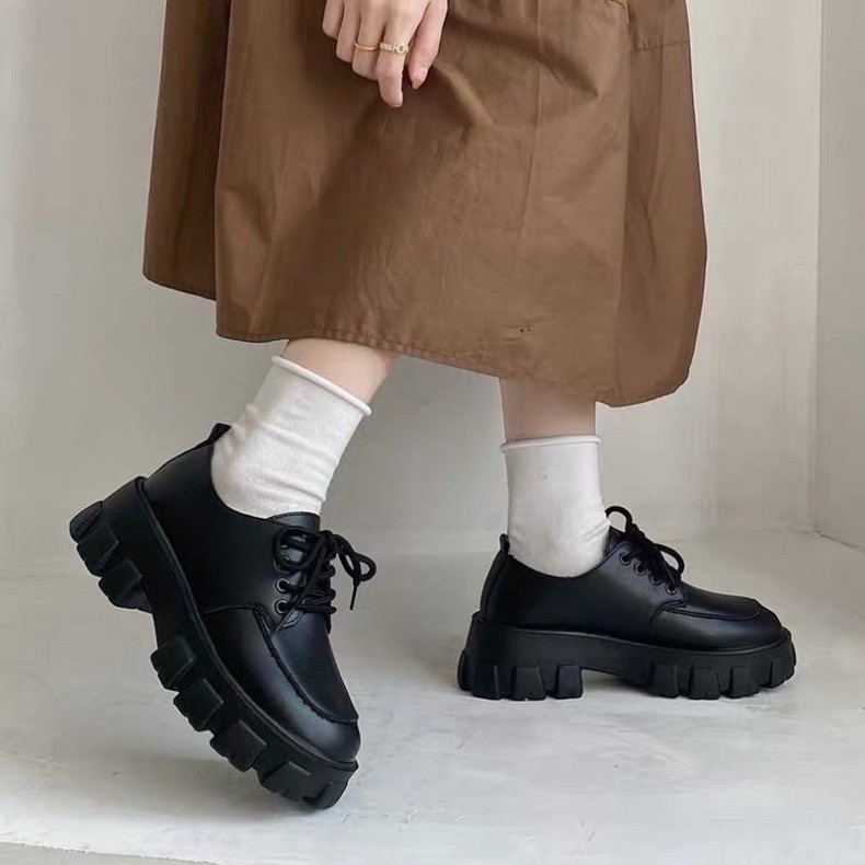 Giày Boots Ulzzang SNU02 gót vuông đế bự to dày mũi vuông phong cách Nhật Bản bóng/trơn màu đen đế độn mới hot