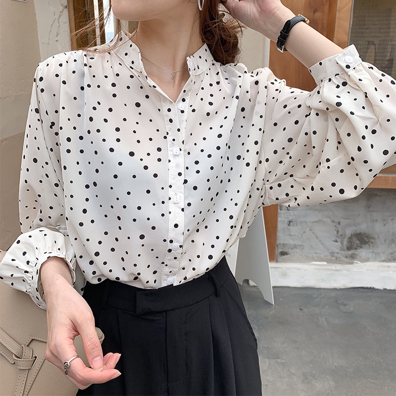 Áo Sơ Mi Chiffon Họa Tiết Chấm Bi Phong Cách Hàn Quốc Mới