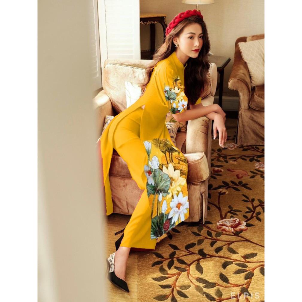 Áo dài cách tân họa tiết hoa sen vàng siêu đẹp AD270 vải lụa cao cấp [HÀNG XUẤT NHẬT-HÀN QUỐC]
