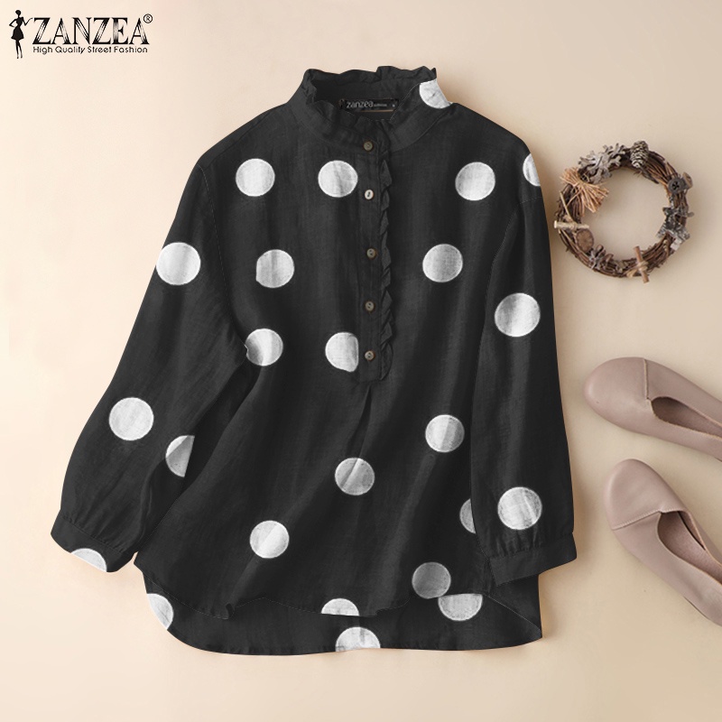 Zanzea Áo Tay Dài Cổ Đứng Nhún Bèo Họa Tiết Chấm Bi Dành Cho Nữ