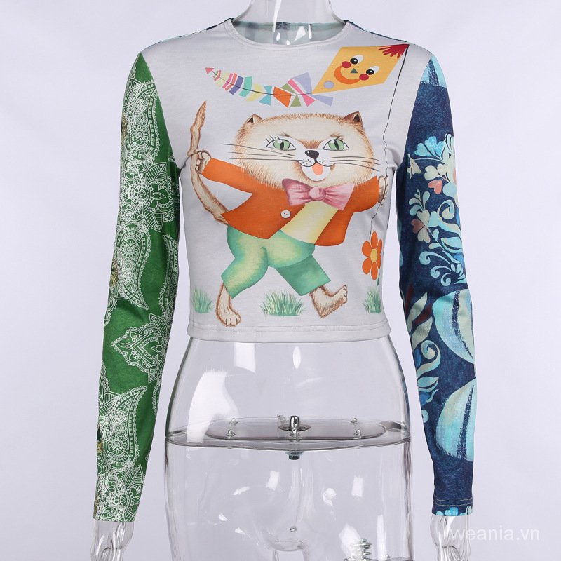 Áo thun tay dài in hình mèo thời trang đường phố T3lB