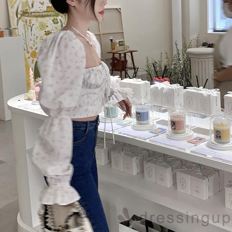 Áo croptop cổ vuông tay phồng cột dây trước in họa tiết hoa phong cách cổ điển thời trang cho nữ