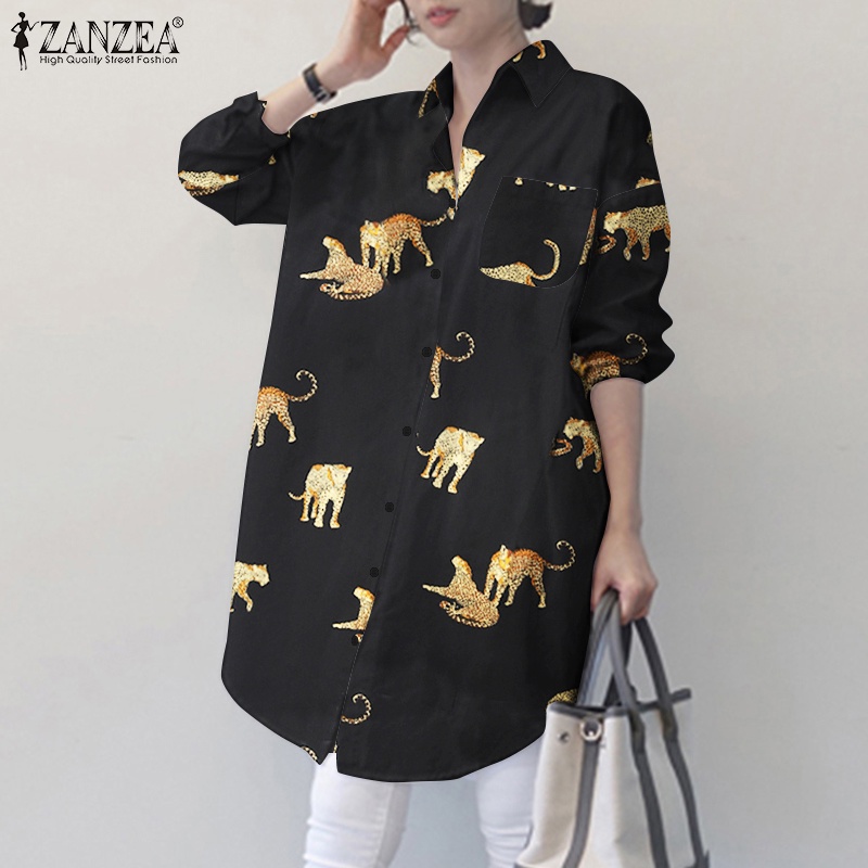 Áo sơ mi Zanzea dáng rộng in họa tiết báo thời trang đơn giản dành cho nữ