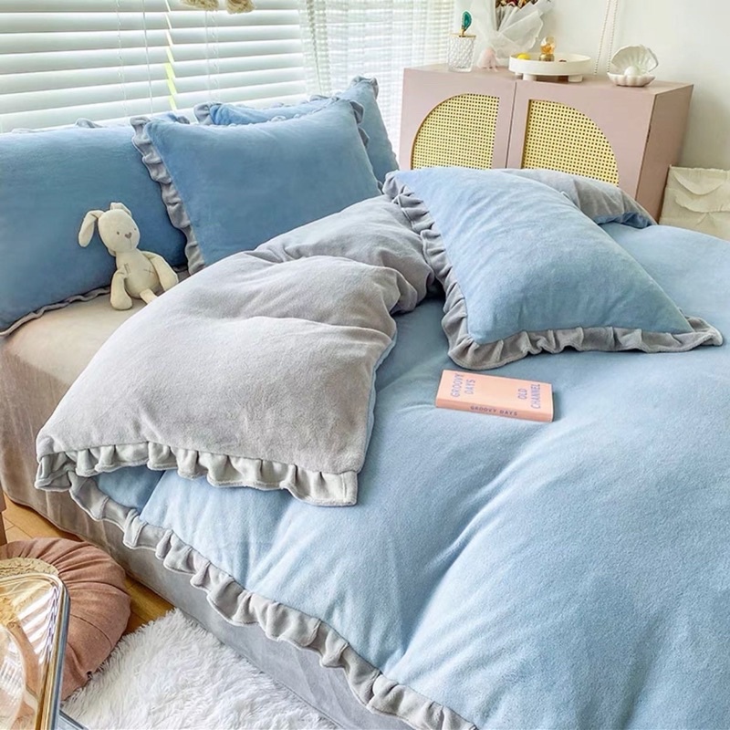 Set Bộ Vỏ Nỉ Mịn Trơn Viền Bèo,Chất Nhung Mềm, Êm, Giữ Nhiệt Tốt