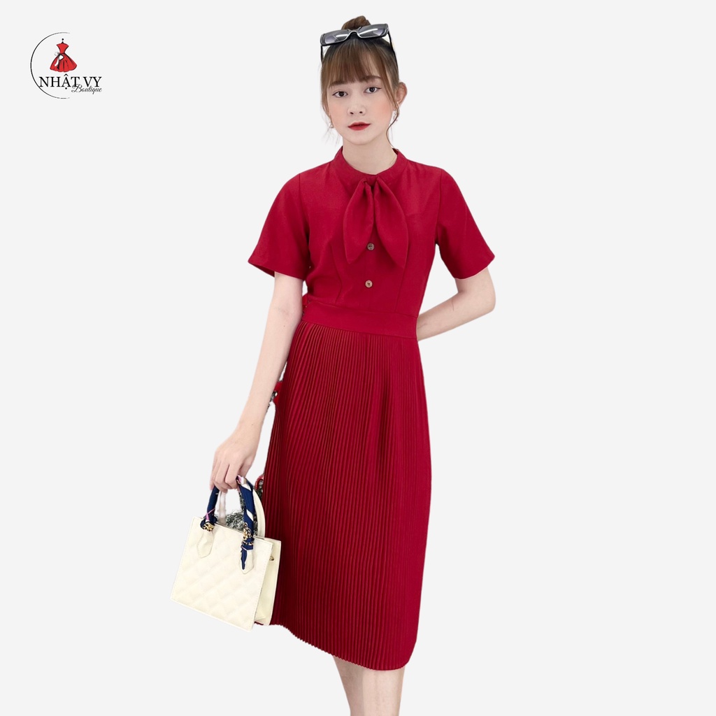 Đầm dự tiệc Nhật Vy tay ngắn cổ tròn phối nơ tà xếp ly chất kaki thun phù hợp công sở - D2178