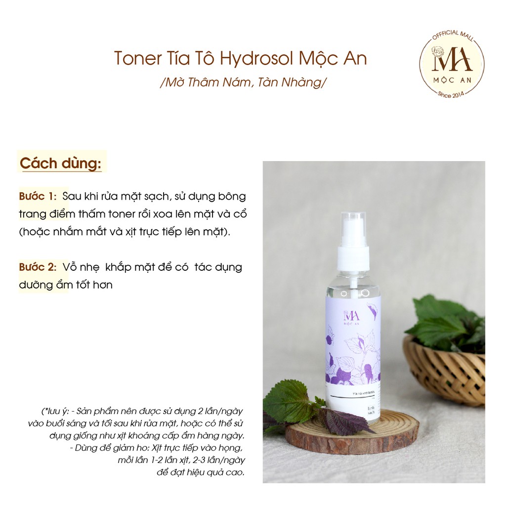 Toner Tía Tô Hydrosol Mộc An Cân Bằng Da, Mờ Thâm Nám, Tàn Nhàng 20g - Sample Mini