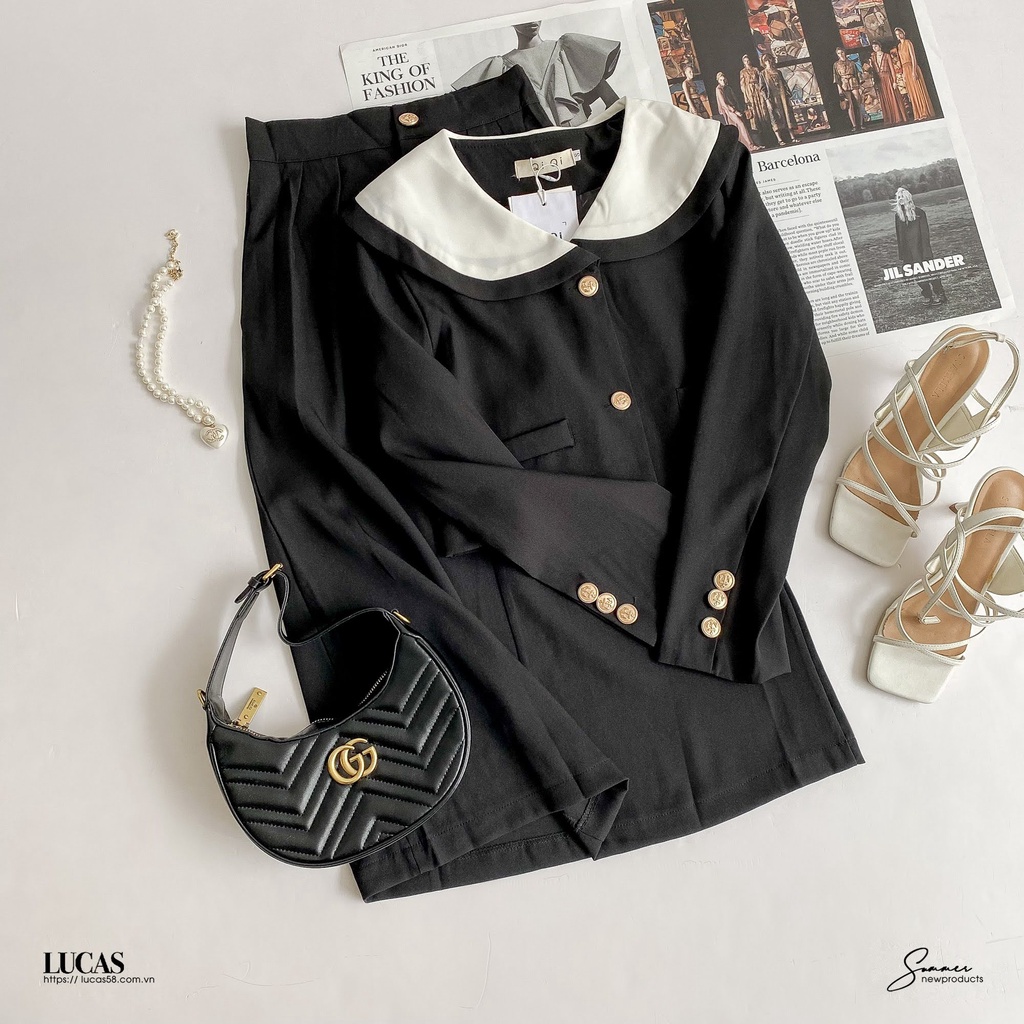 Váy đen set: áo cổ trắng to tay dài, chân váy a dài basic