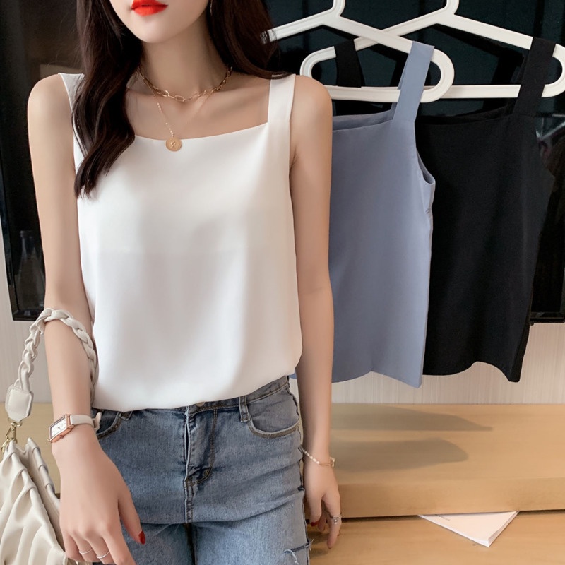 Áo voan RENJIANVSHENG không tay cổ vuông màu sắc đơn giản phong cách Hàn Quốc dành cho nữ