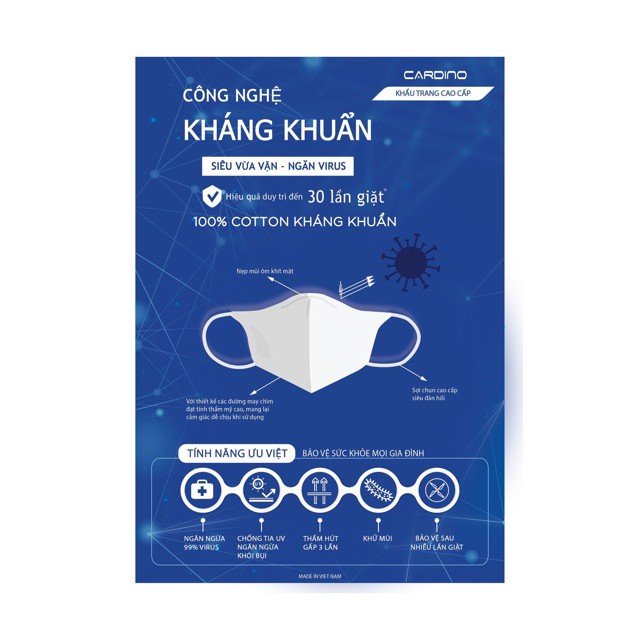 Chính hãng khẩu trang vải cardino, kháng khuẩn, chất vải cotton mềm mịn, chống tia UV