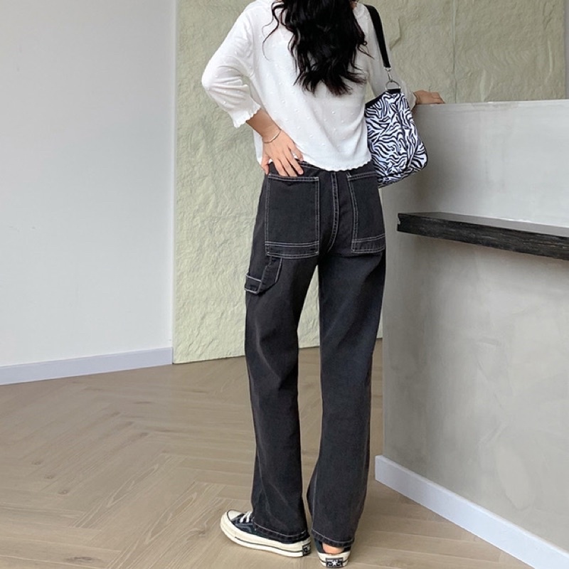 Quần Bò Túi Vuông Bự Cá Tính Quần Jeans Ống Rộng Nữ Túi Bự Đai Sau Phong Cách