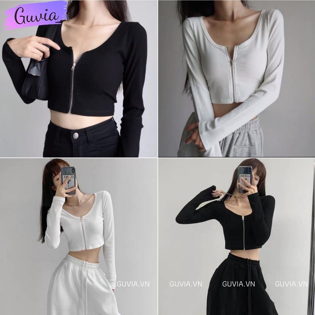 Áo Croptop Tay Dài Nữ DÂY KÉO NGỰC Thun Gân Tốt Ulzzang, Áo thun nữ dài tay chất vải tốt mặc đẹp GUVIA CR25