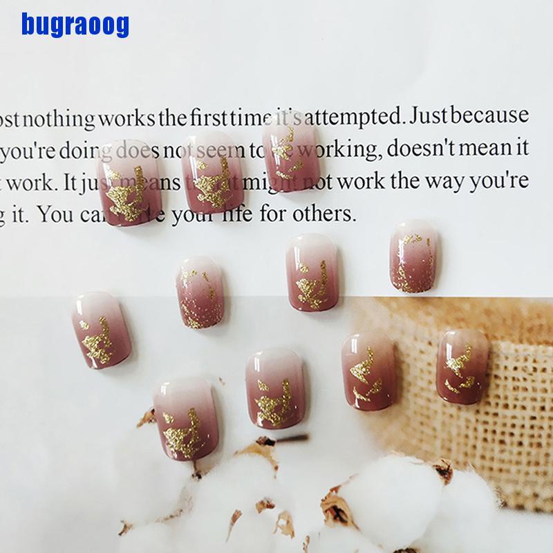 【bug】24 Pcs Gradient Gold Leaf False Fake Nail French Shiny Press On Manicure Tips