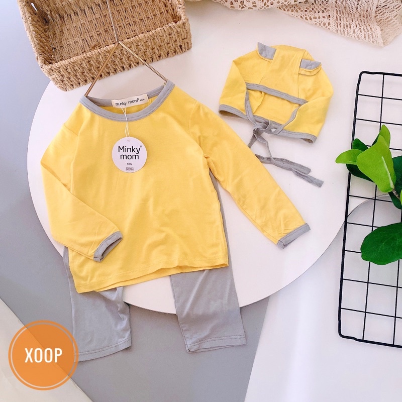 Bộ dài tay chất thun lạnh- bộ dài tay phối màu  kèm mũ hàng minky mom cho bé  shop phúc yến