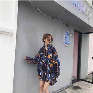 Áo sơ mi hoạ tiết cool ngầu dáng dài form rộng dài tay oversize