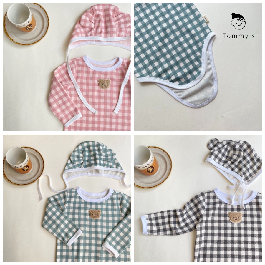 Set body chip tay dài kèm mũ tai gấu cho bé trai bé gái 0-2 tuổi hoạ tiết caro gấu thêu TOMMY HOUSE