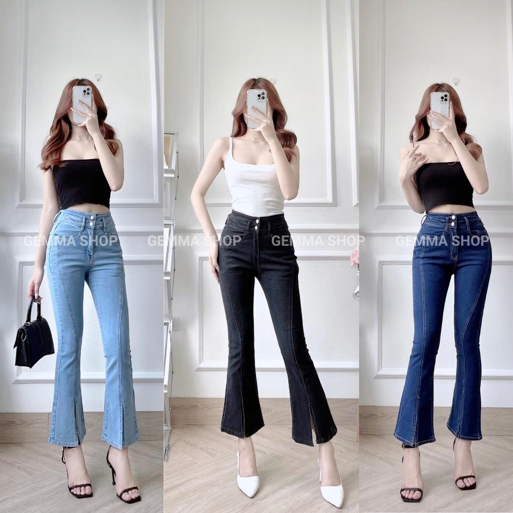 Quần jean nữ Gemma Shop ống loe xẻ ống vải co dãn, quần skinny jean nữ ôm dáng cao cấp