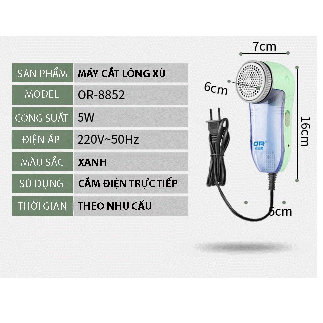 Máy cắt lông xù quần áo dùng cắm điện, không lo sạc pin OR 8852 chính hãng cao cấp tặng kèm 6 lưỡi cắt