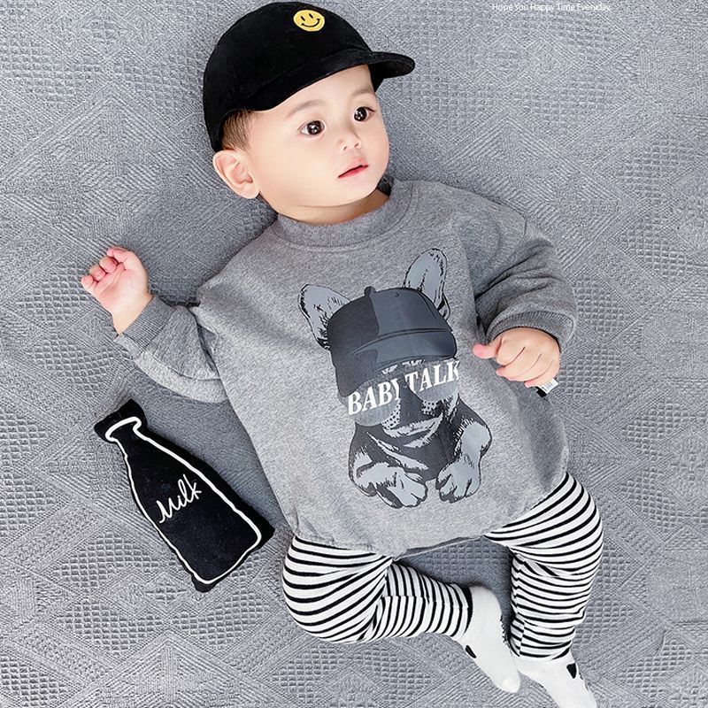 Set 2 Món Áo Liền Quần Tay Dài + Quần Dài In Họa Tiết Động Vật Hoạt Hình Cho Bé