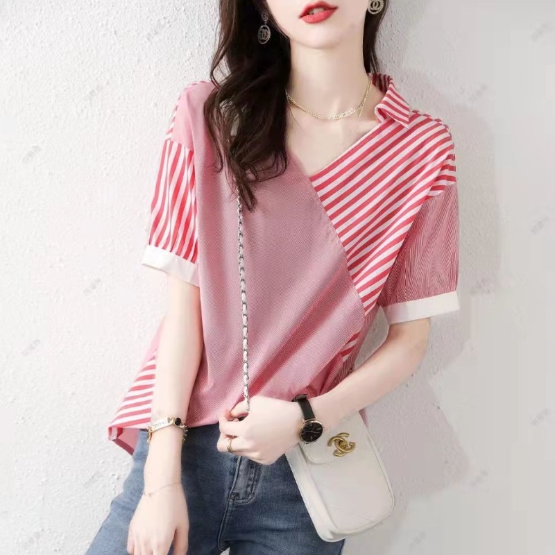 Áo Sơ Mi Tay Ngắn Cổ Chữ V Dáng Rộng Họa Tiết Kẻ Sọc Thời Trang Hàn Quốc Cho Nữ