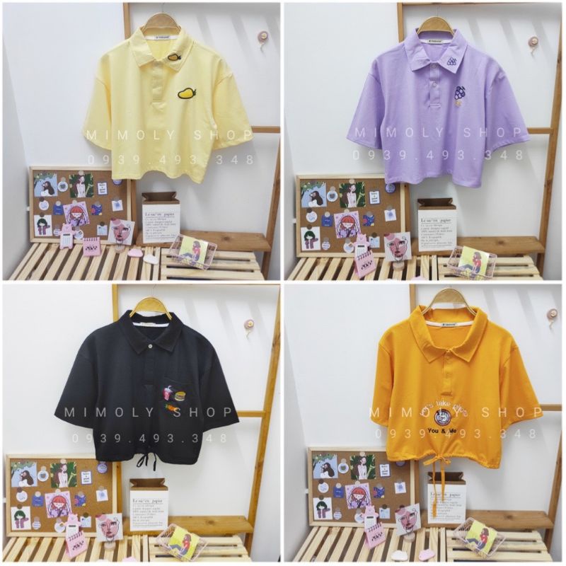 Áo Croptop Nữ Cổ Trụ Thêu, Áo Polo Vải Tici