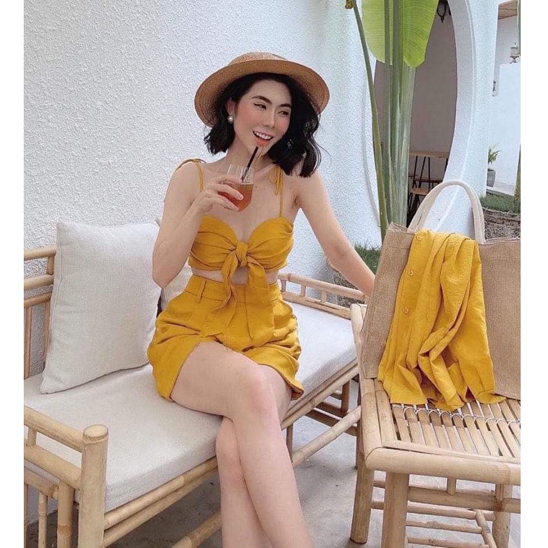Set Đi Biển 3 Món, Sét Áo 2 Dây Cột Nơ Ngực Mix Quần Short Hàng Quảng Châu Loại1 M0880