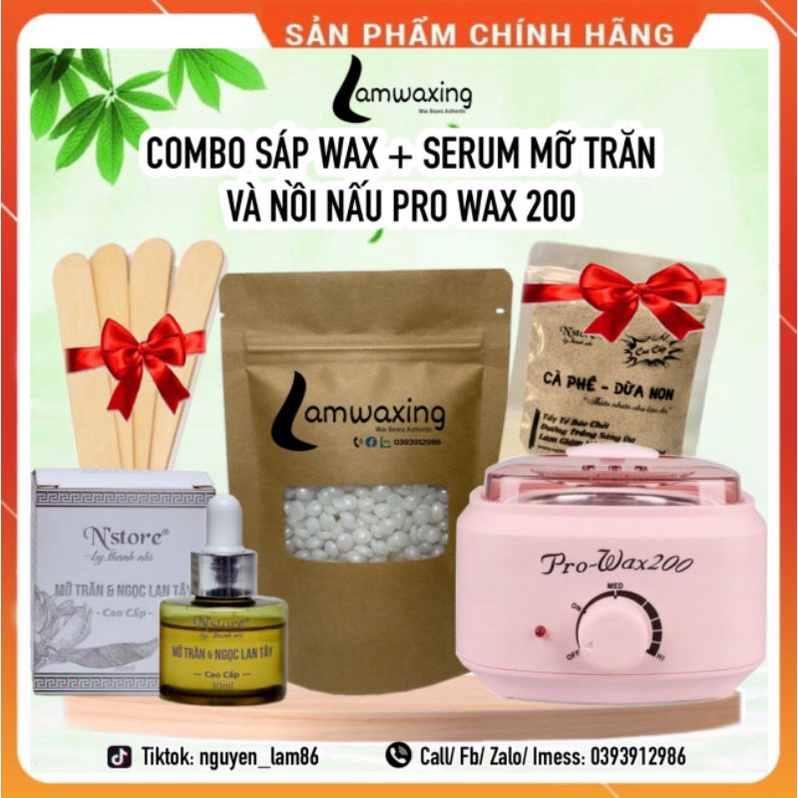 [Hàng Chính Hãng] Combo Nồi Nấu Sap Pro 200, Túi Sáp Wax Beans 100 Gram, Mỡ Trăn Serum Ngọc Lan Tây