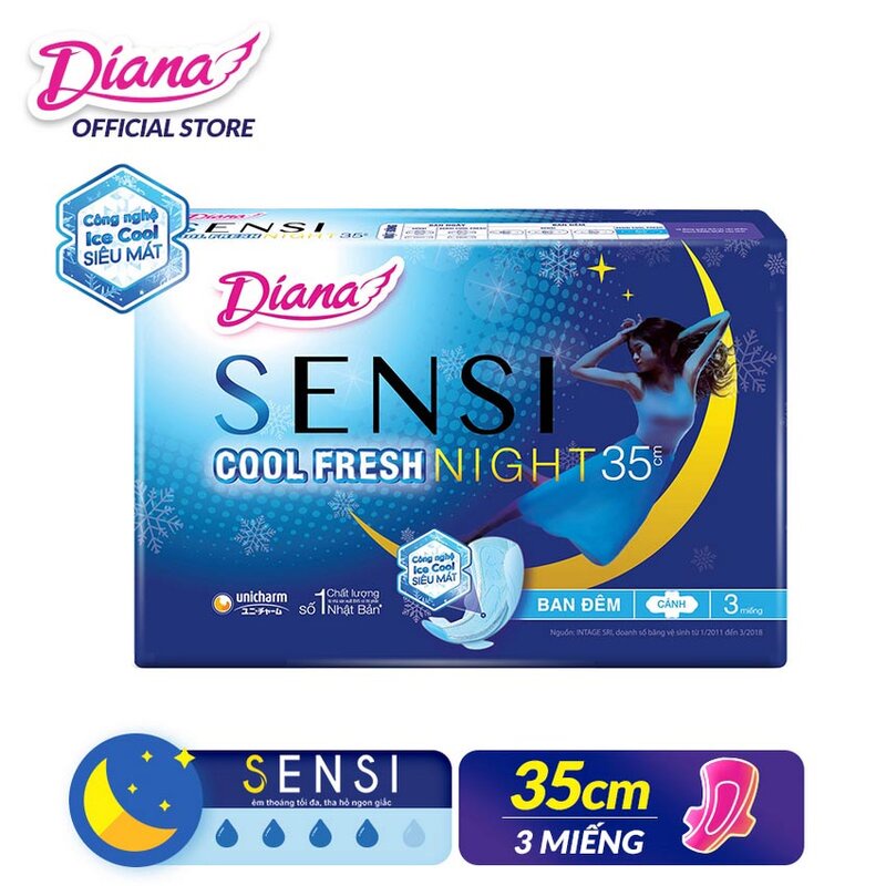 Combo 3 gói Băng vệ sinh Diana Sensi Cool Fresh Supernight 35cm 3 miếng/gói X3