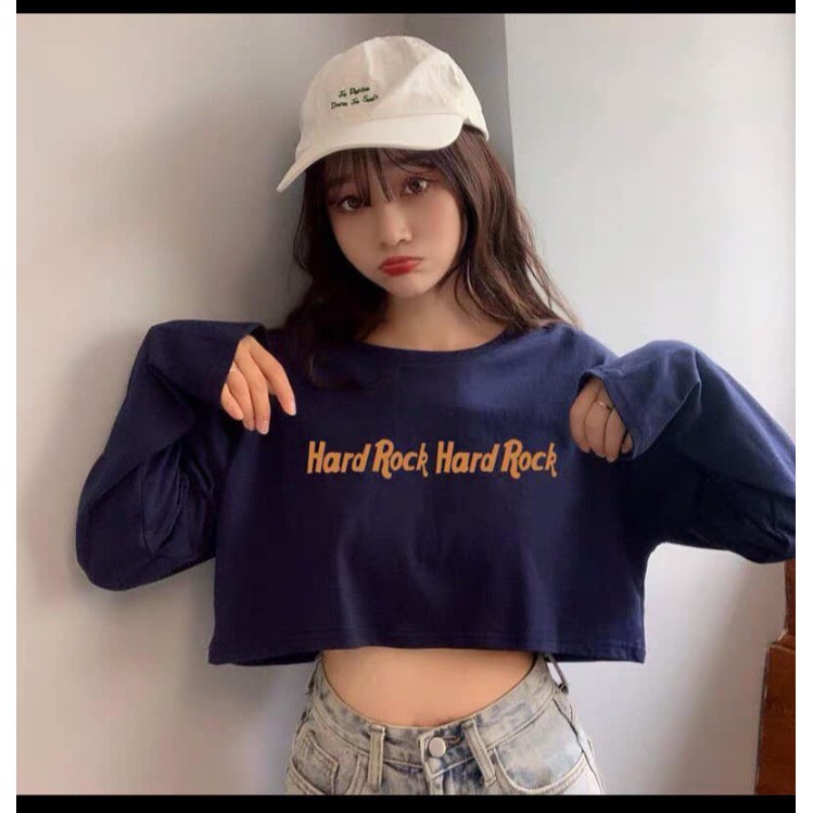 Áo Thun Tay Dài Form Croptop In Chữ HARD ROCK...Kết Hợp Phần Lai Cắt Ngang Cá Tính TTSL0313