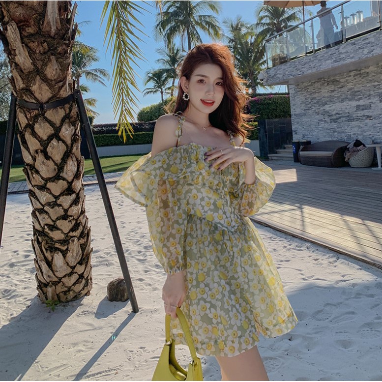 Sẵn - Đầm Hoa Nhí | Đầm Hoa Nhí Nữ Dáng Ngắn Xòe 2 Lớp Trễ Vai Sexy Thời Trang Ulzzang Hàn Quốc