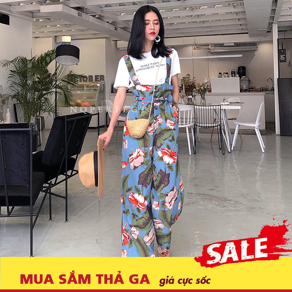 Set thời trang jumpsuit ngắn tay (T-Shirt + Jumpsuit dây eo cao) in hoa phong cách retro