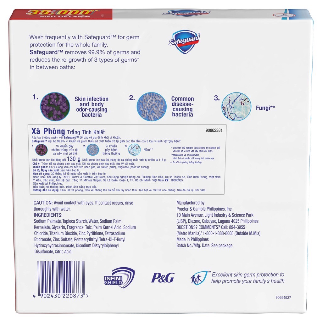 Xà bông cục Safeguard Trắng tinh khiết Gói siêu đại 130gX6