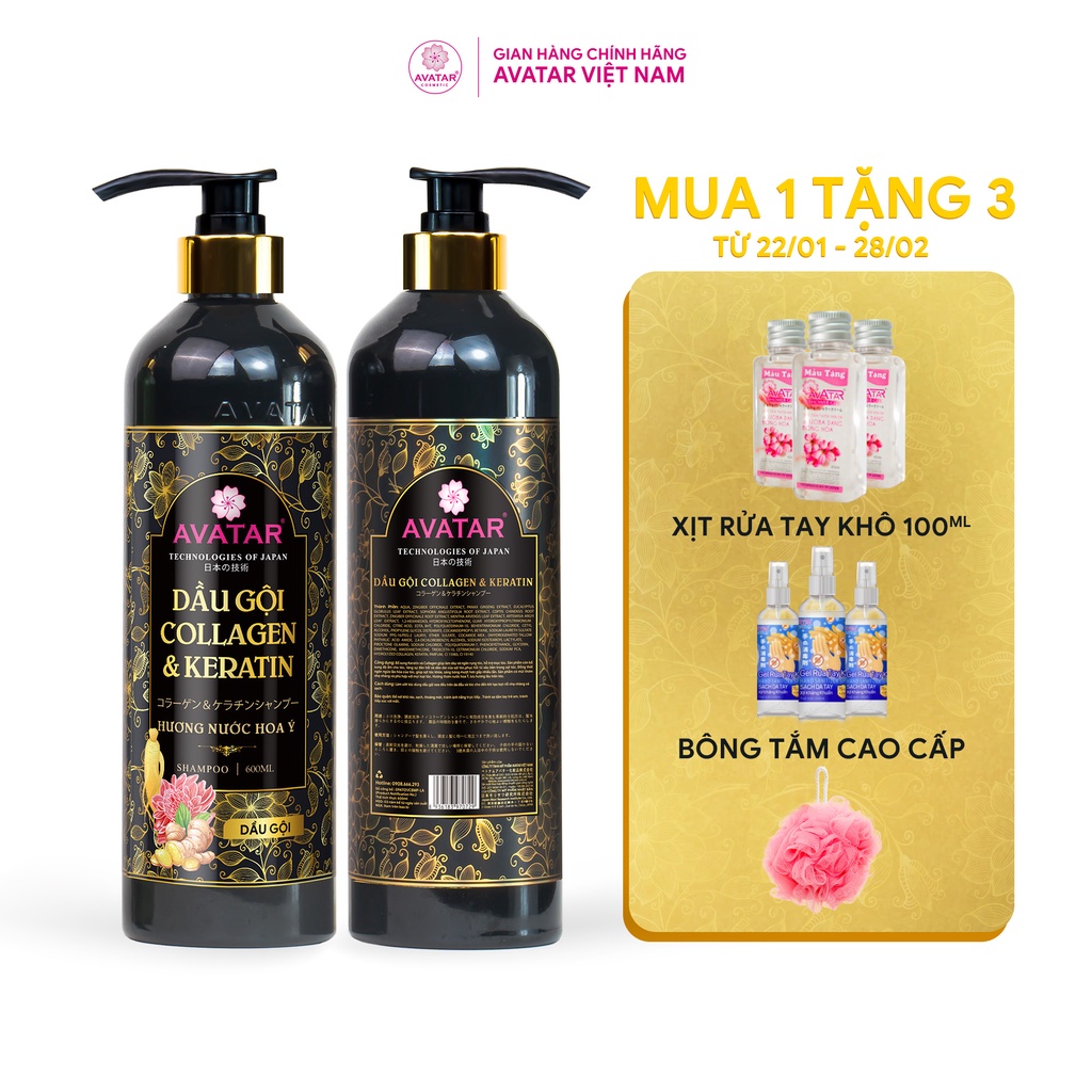Dầu Gội Collagen &amp; Keratin Avatar Hương Nước Hoa Ý Ngăn Ngừa Rụng Tóc, Gàu &amp; Kiềm Dầu, Phục Hồi Hư Tổn 600ml